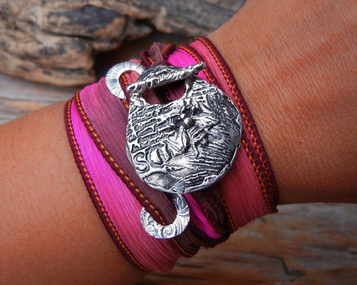 Handmade Sterling Silver Jewelry, Silk Wrap Bracelet, Honey Bee STERLING Silver Toggle Bracelet, Gift for Her, Wrap Bracelet, 18 Colors