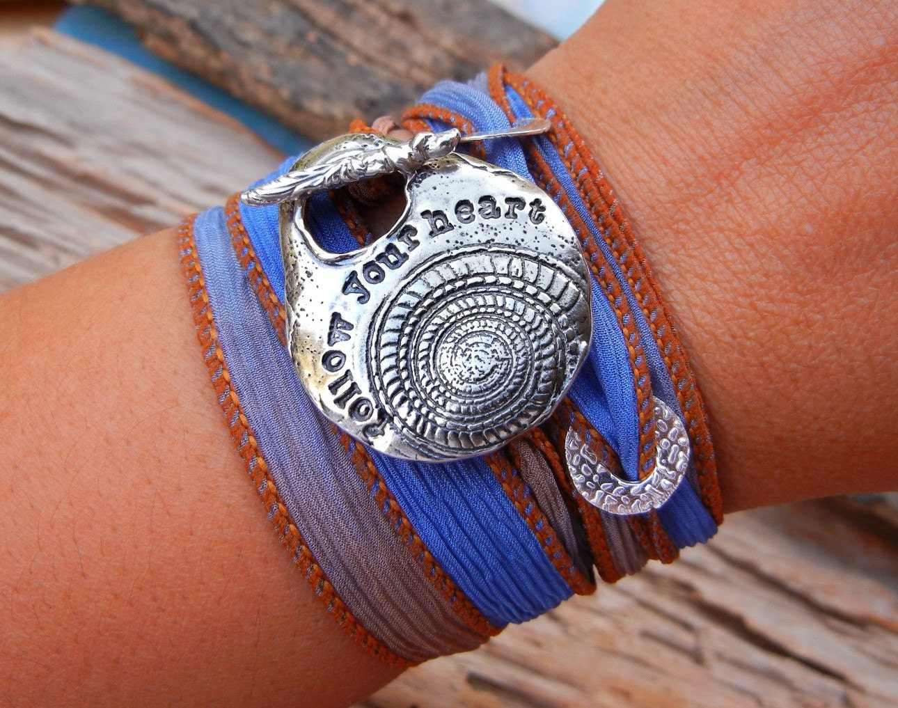 Boho Jewelry, Follow Your Heart Boho Bracelet, STERLING Silver Silk Ribbon Wrap Bracelet, Sapphire Blue, Boho Fashion, Bohemian Gift for Her