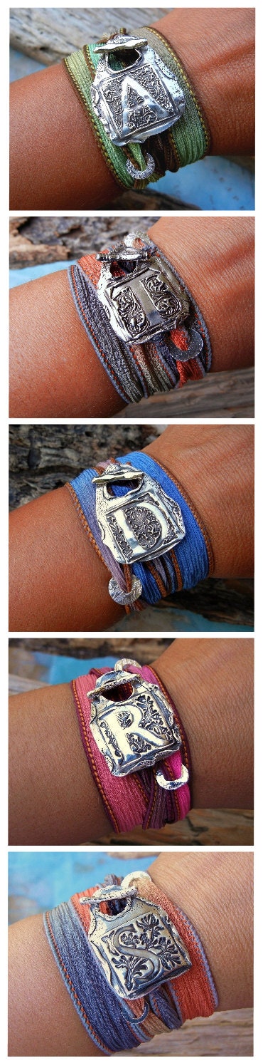 Personalized Jewelry, Monogram Bracelet, Personalized Wrap Bracelet, Silver Wrap Bracelets, Silk Wrap Bracelet, Personalized Gift