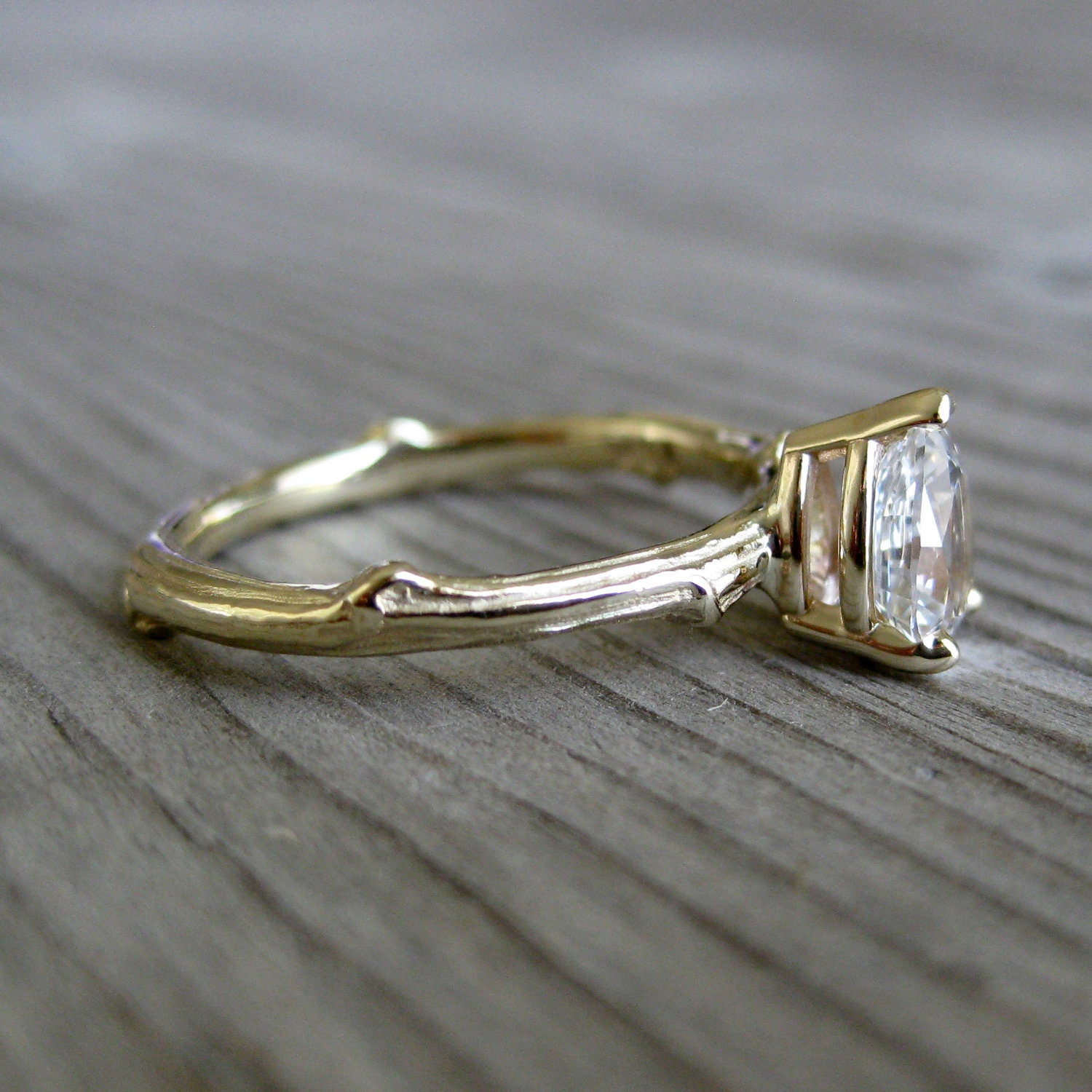 Pear White Sapphire Twig Ring in White or Yellow Gold