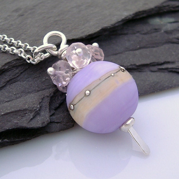 Lilac Lampwork Necklace, Pink Amethyst and lampwork Pendant, Glass Bead, Pink Amethyst and Sterling Silver Pendant Necklace