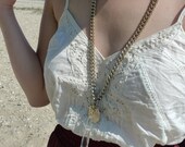 Quartz Crystal & French Coin Statement Necklace Long Vintage Fishbone Chain
