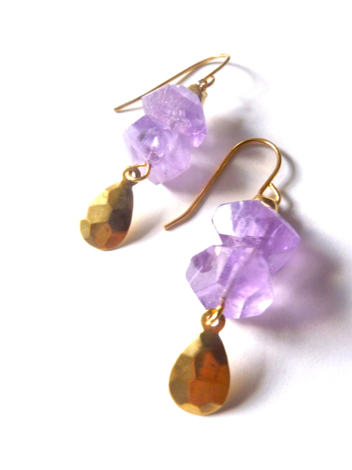 Raw Purple Amethyst Gemstone Gold Drop Earrings, Simple, Modern, Bohemian