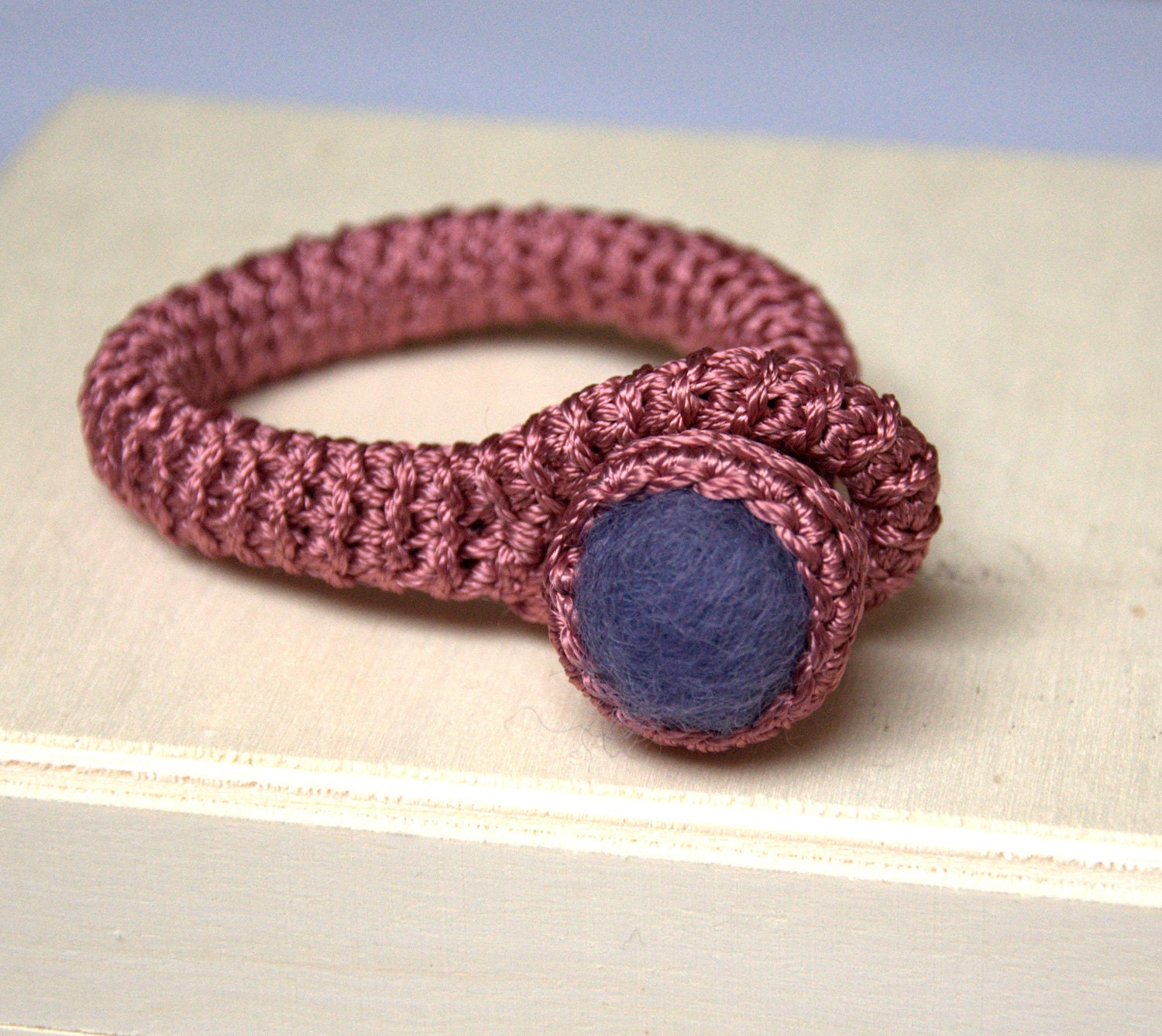 Crochet bracelet boho Valentine jewelry Coral purple bangle felted wool handmade Birthday Easter spring custom colors casual stylish gift