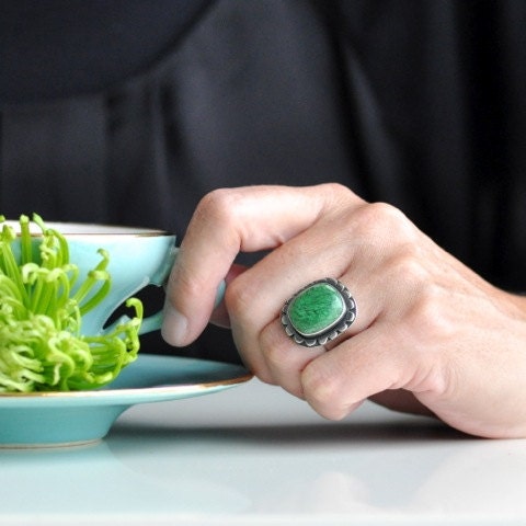 Ring - Maw sit sit cabochon - Sterling silver - green - size 6,5 - ooak