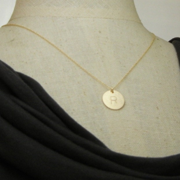 Gold Initial Necklace - DOT Simple Hand Stamped Necklace 14K Gold Filled (14k GF) by E. Ria Designs