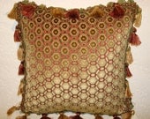 Old World Weavers Green/ Red Manet Cut Velvet Designer Pillow with Tassel Trim