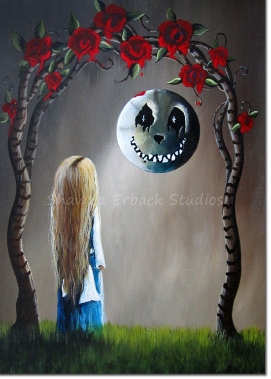 ALICE IN WONDERLAND outsider erback art 5x7 print Cheshire Moon Face Gothic Fantasy
