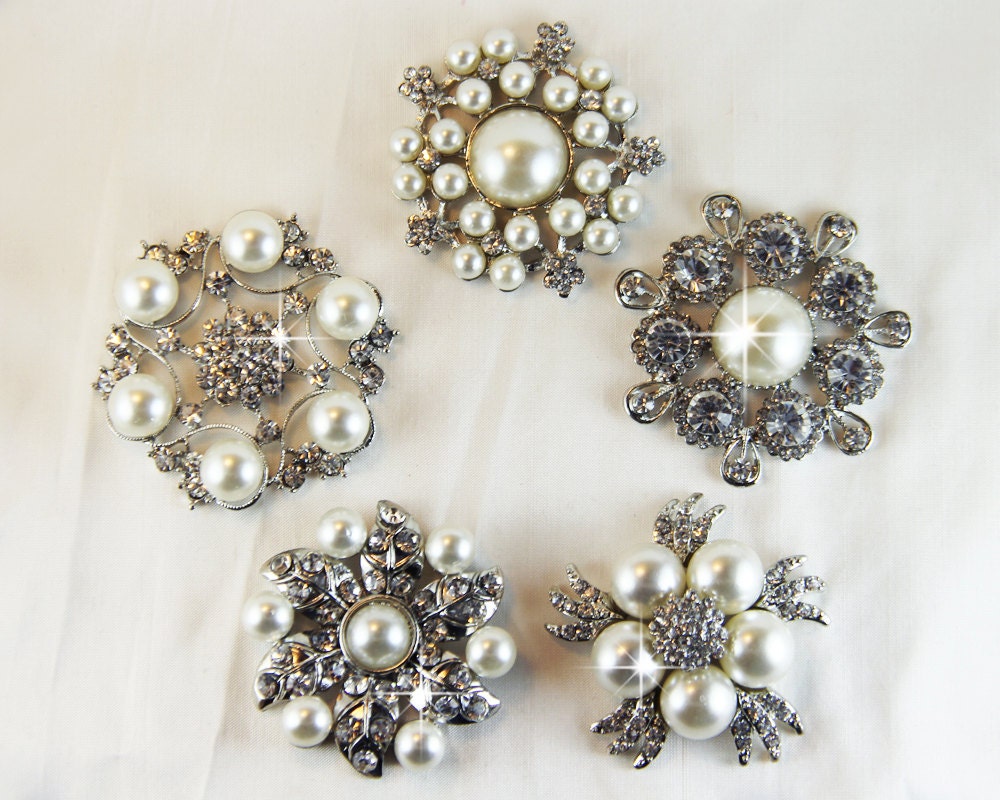 5 Rhinestone Brooch,  Pearl Brooch, Vintage Crystal Brooch, Wedding brooch bouquet, Bridal Sash, Flower embellishment