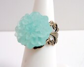 Seafoam Green Ring, Mint Green Flower Ring, Vintage Inspired Brass Filigree Ring, Adjustable Ring