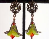 Copper Filigree Flower Earrings, Lime Yellow Orange Copper Flower Dangle Earrings, Vintage Inspired, Boho Shabby Chic