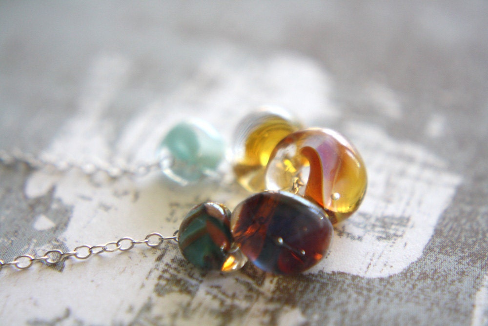 Colorful Glass Droplet Necklace - pastel lampwork boro glass beads & sterling silver chain - pale mint blue golden amber brown opalite
