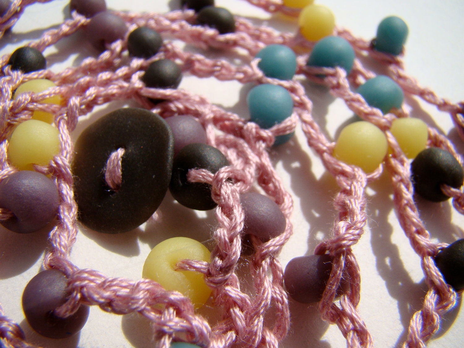 Wrap Bracelet or Necklace-- Crocheted Violet Cotton & Purple, Charcoal, Teal, and Yellow Beads