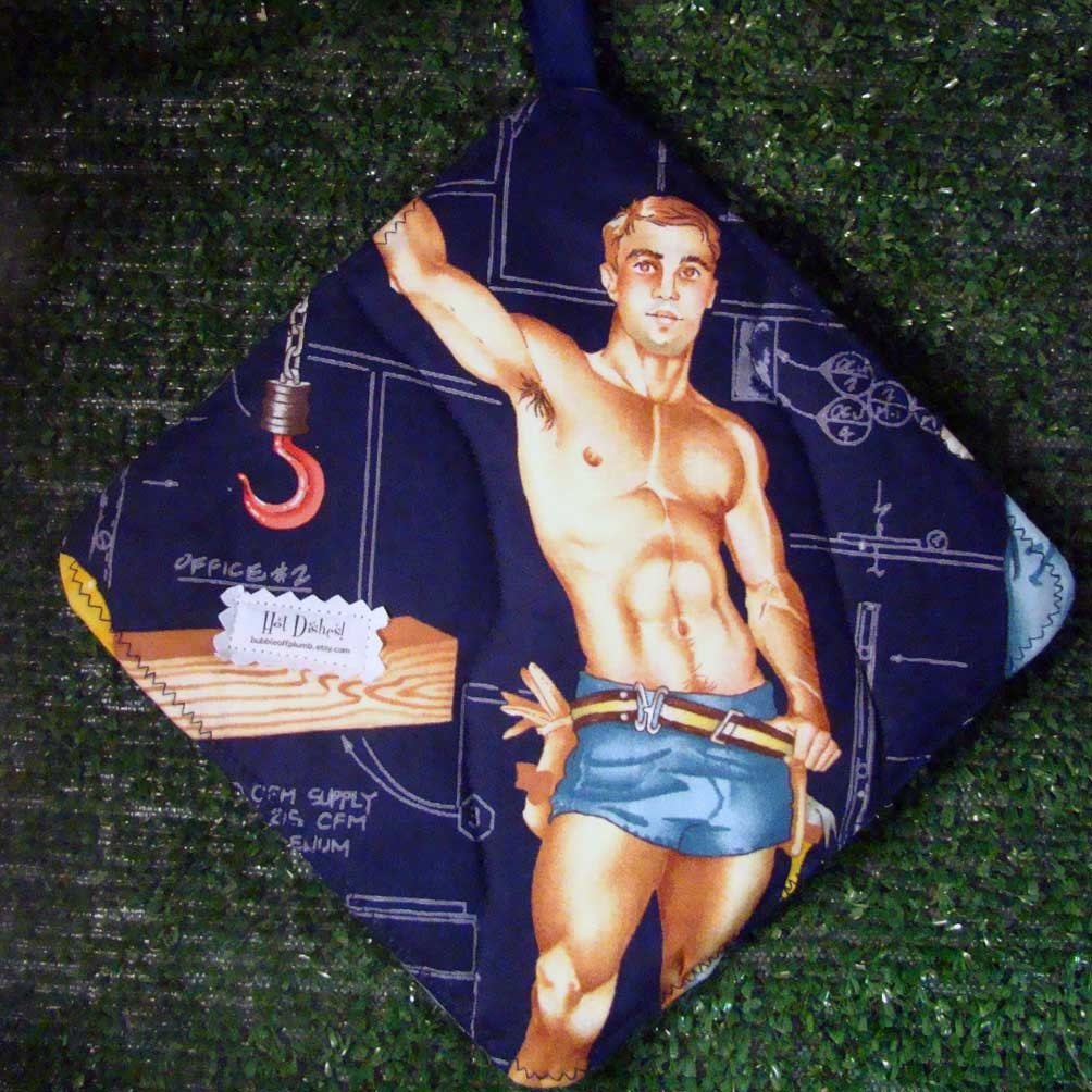 Hot Dishes - Finally A Man Who's Handy In The Kitchen - Shirtless Construction Worker Pot Holders