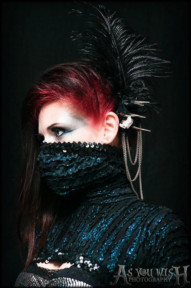 Ostrich Feather Muskrat Spiked Hair Clip, Skull, Torture Couture, Chained, Gothic, Fetish, Cosplay, Lolita, Burlesque, Showgirl, Taxidermy