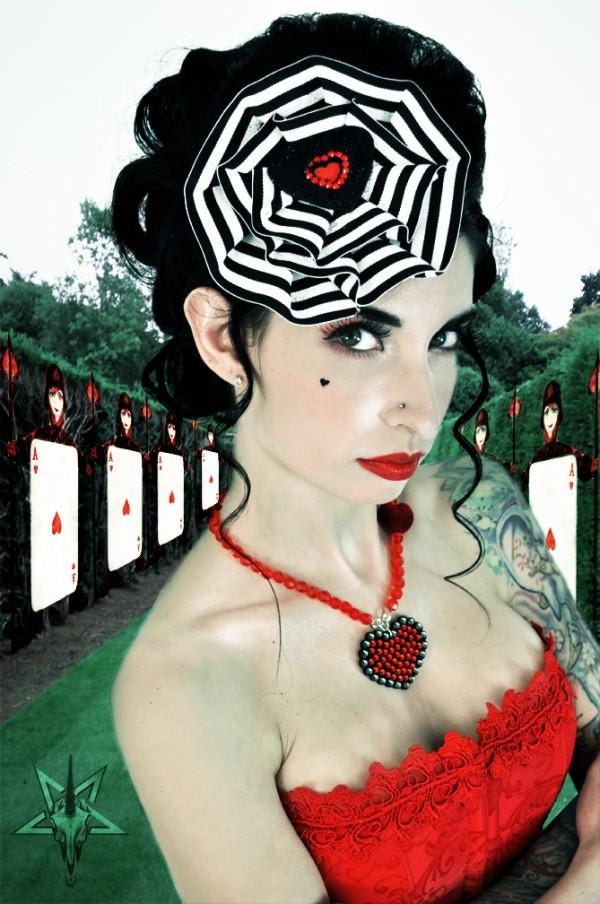 Queen of Hearts Hat Striped, Wonderland, Torture Couture, Heart, Costume, Alice, Rabbit, Cosplay, Lolita, Gothic, Fetish, Halloween