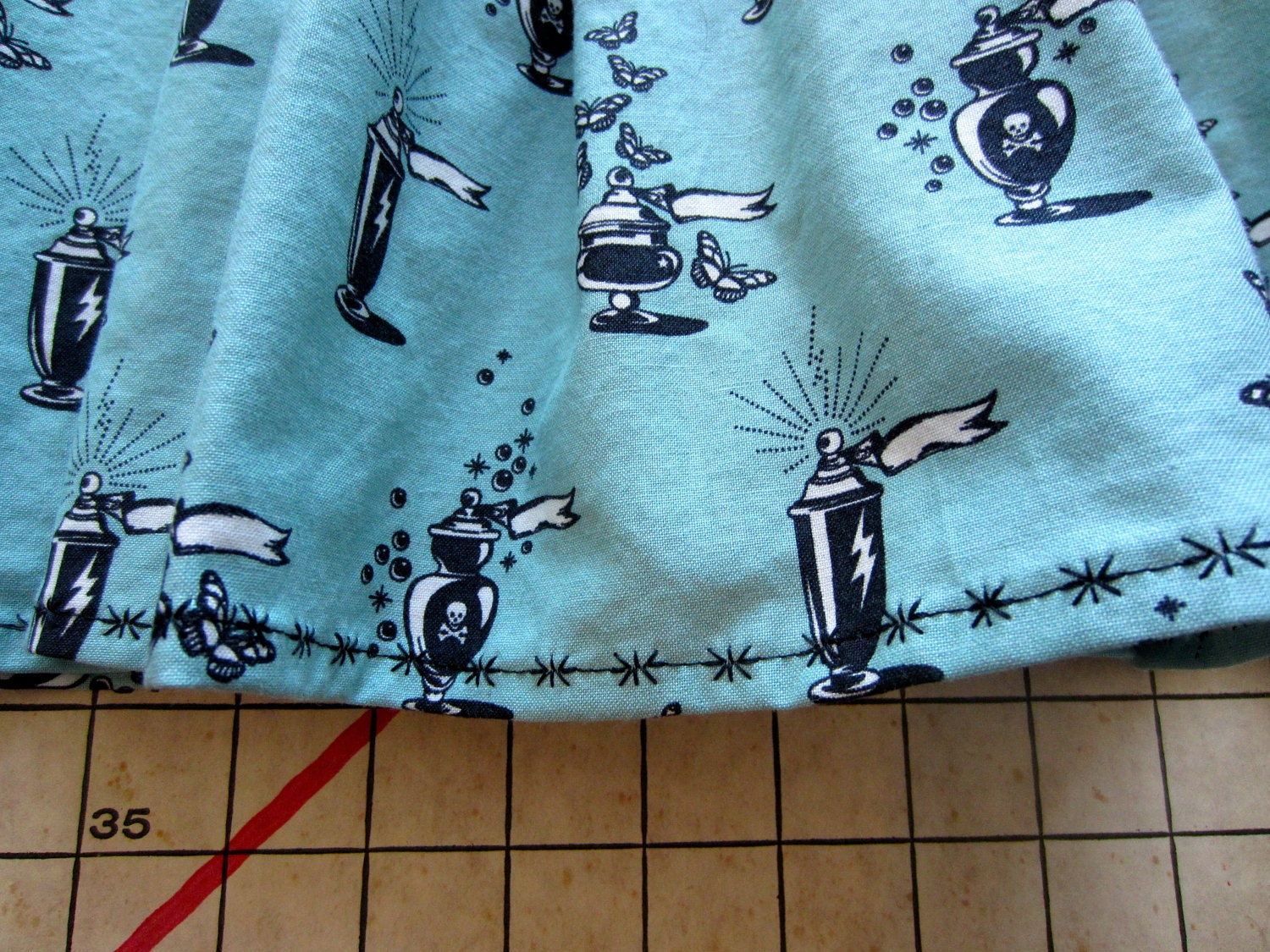 Night Shade Apothecary Vapor Aline Skirt Large Teal Black and White Skull and Crossbones