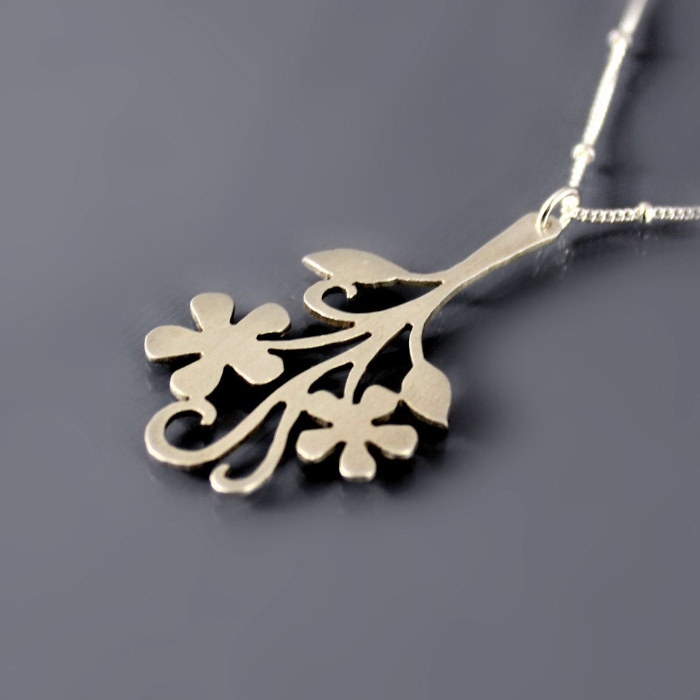 Brushed Silver Flower Necklace - Floral Branch - Nature Jewelry