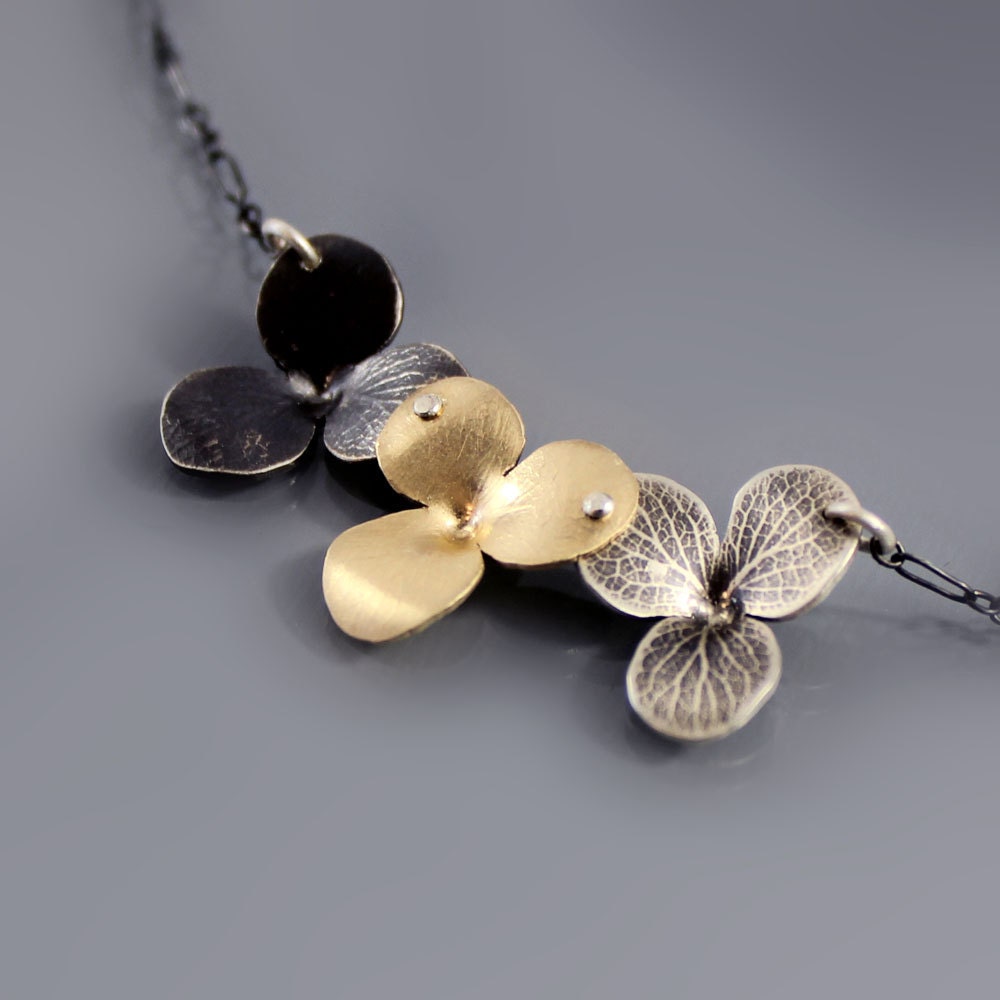 14k Gold and Sterling Hydrangea Blossom Trio Necklace