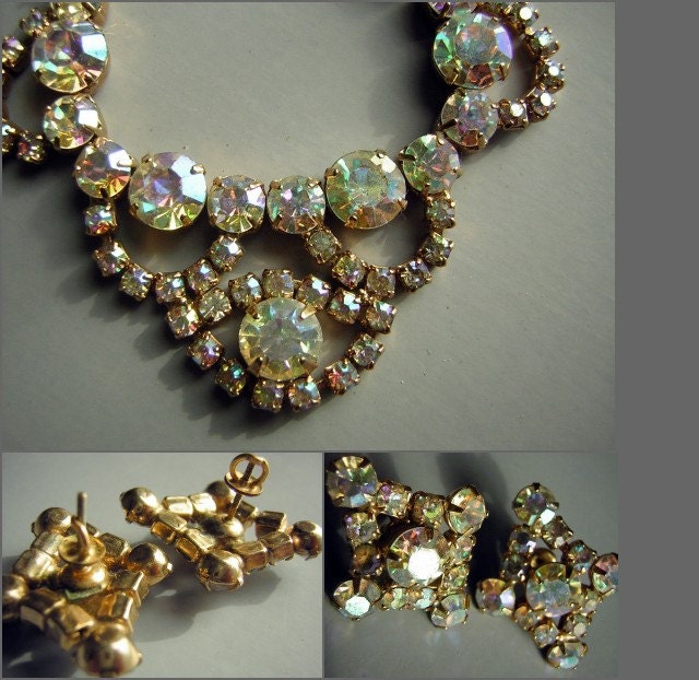 Vintage 50s AB Rhinestone Demi Parure - Earrings & Necklace - Large Lovely Juliana Cocktail Set