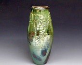 Iridescent Green Copper Oak Leaf Raku Vase