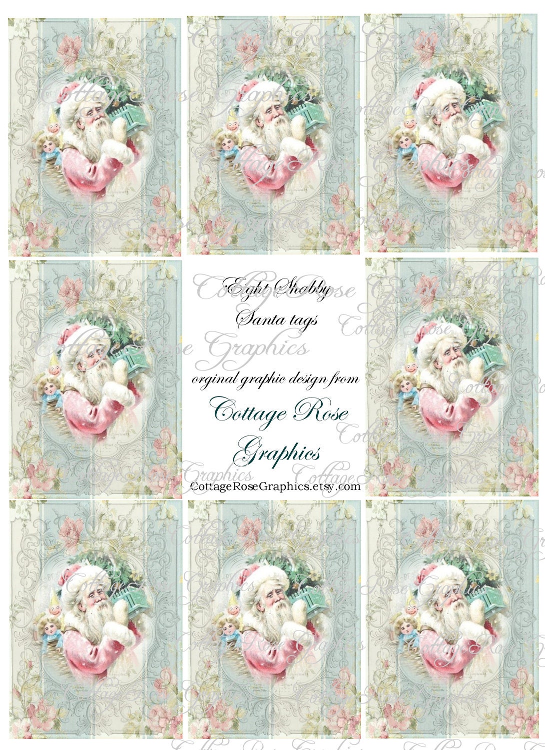 Large digital download collage Pink Shabby Santa Roses ATC ACEO gift tags ECS buy 3 get one free