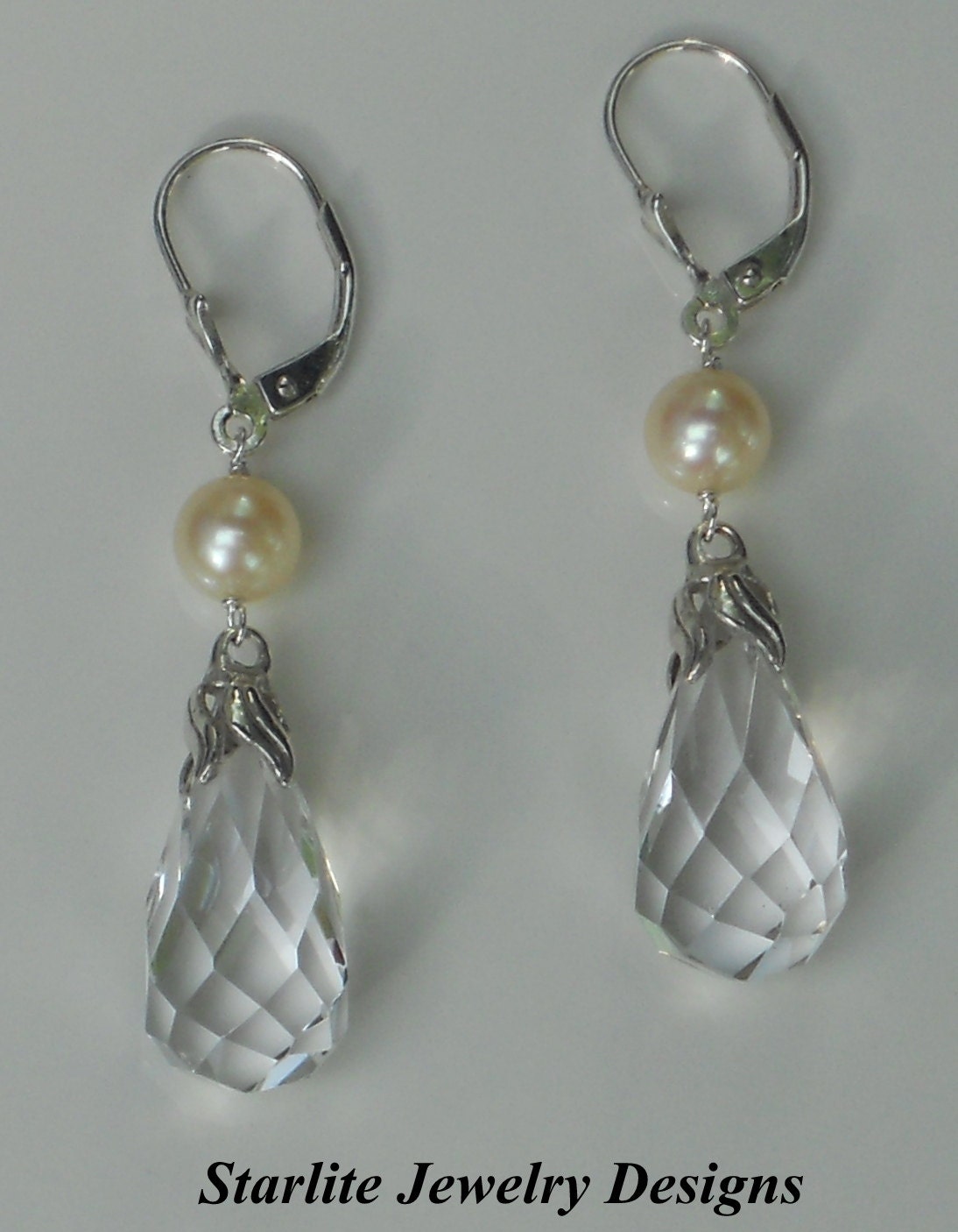 Natural Rock Crystal Quartz Briolette Drop Earrings - Accented with Saltwater Natural Akoya Pearls - Pools of Light