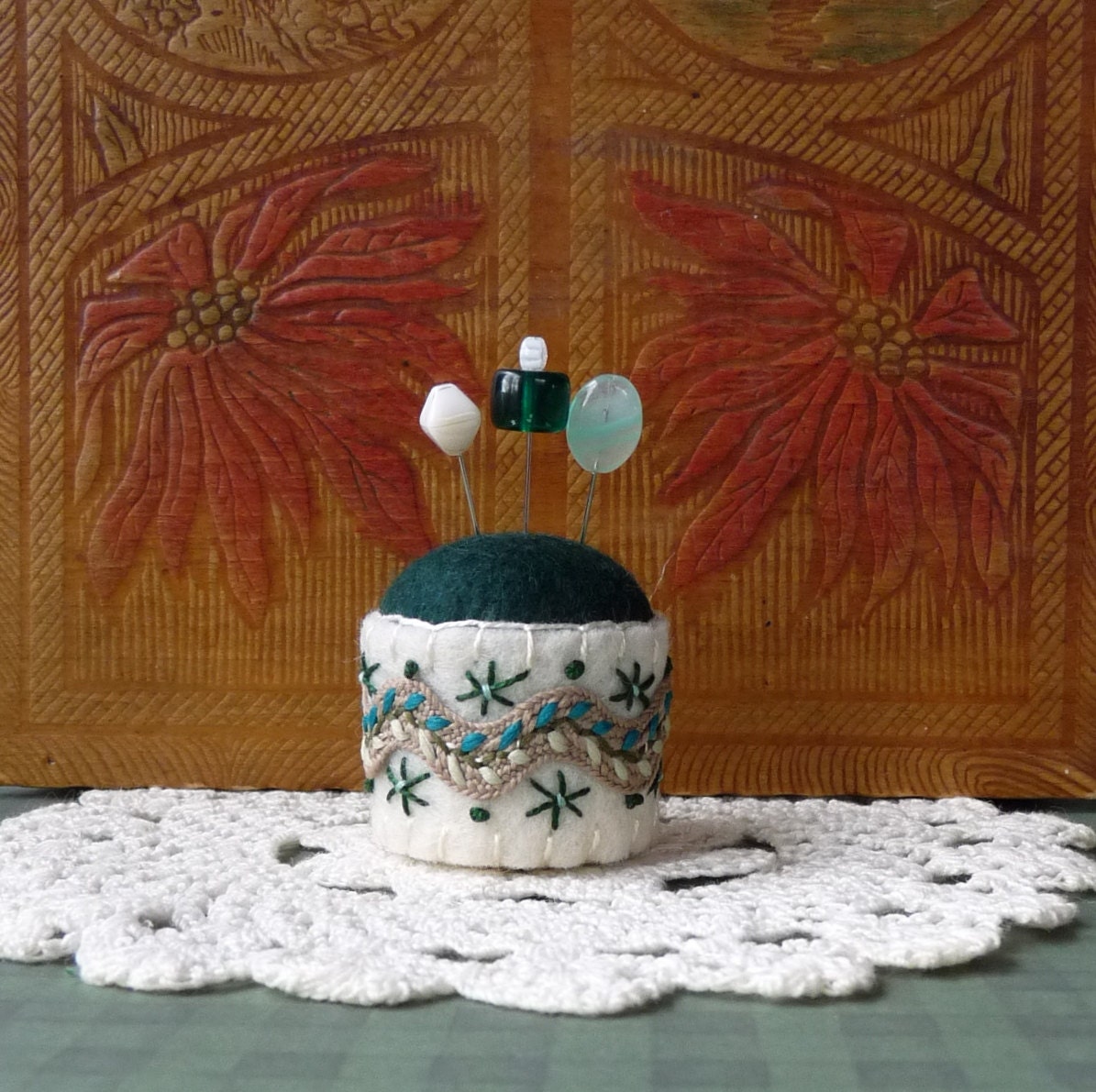 Off White and Green Bottle Cap Pincushion