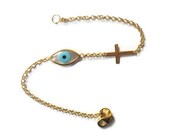 Gold Vermeil Mother of Pearl Evil Eye and Sideways Cross Bracelet.