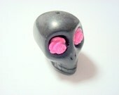 Gigantic Black Howlite Skull Bead or Pendant  with Pink Roses in Eyes