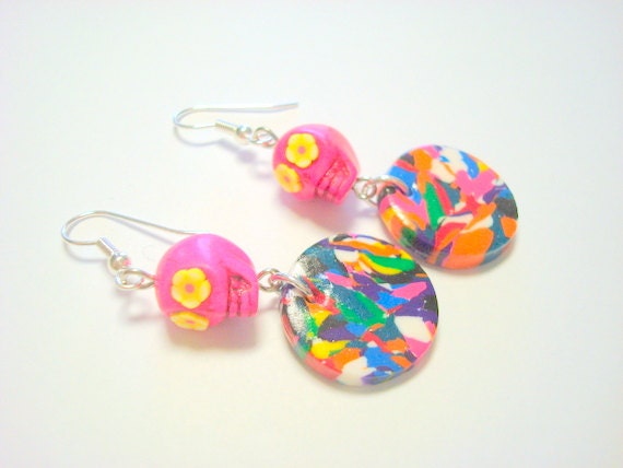 Pink and Yellow Day of the Dead Sugar Skull Earrings