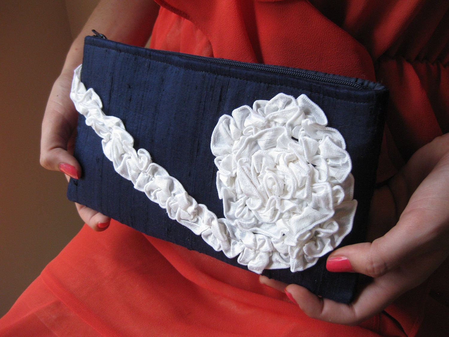 Navy and White Nautical Wedding Clutch - The Kimberly Clutch in navy blue and white silk, bridesmaids ruffle bag, formal evening wear purse