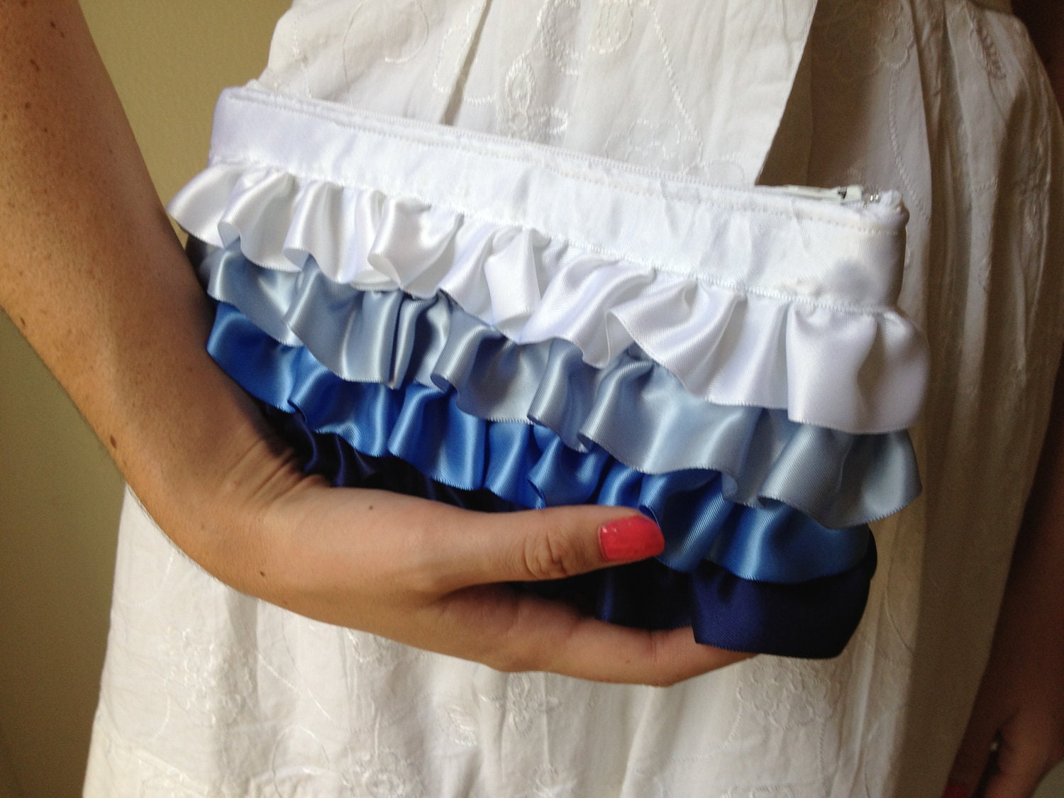 Bridesmaid Ruffle Clutch - The Joyce Clutch - blue ombre ribbon ruffle bag, wedding purse, bridal bag, nautical wedding
