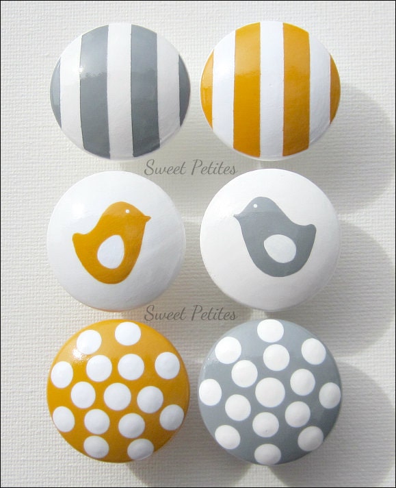Hand Painted Knobs - Dresser Drawer - Gray - Yellow - Stripes - Polka Dots - Birds