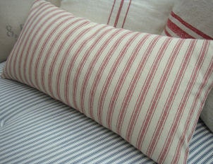 Cottage Pillow Linen 24x12 Ticking Red and CReaM Paris Shabby Chic Stripe