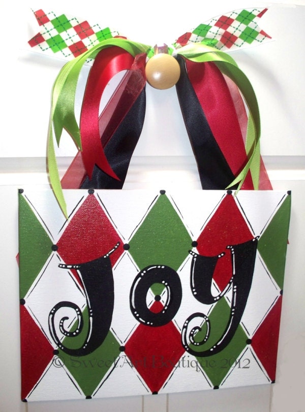 Limited Edition Holiday Christmas Joy red green white black diamond harlequin door sign hand painted painting art  decor ornament gift