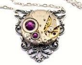 Steampunk Necklace - Gorgeous Vintage Clockwork Pendant & Amethyst Purple Swarovski Crystals - Steampunk Jewelry London Particulars