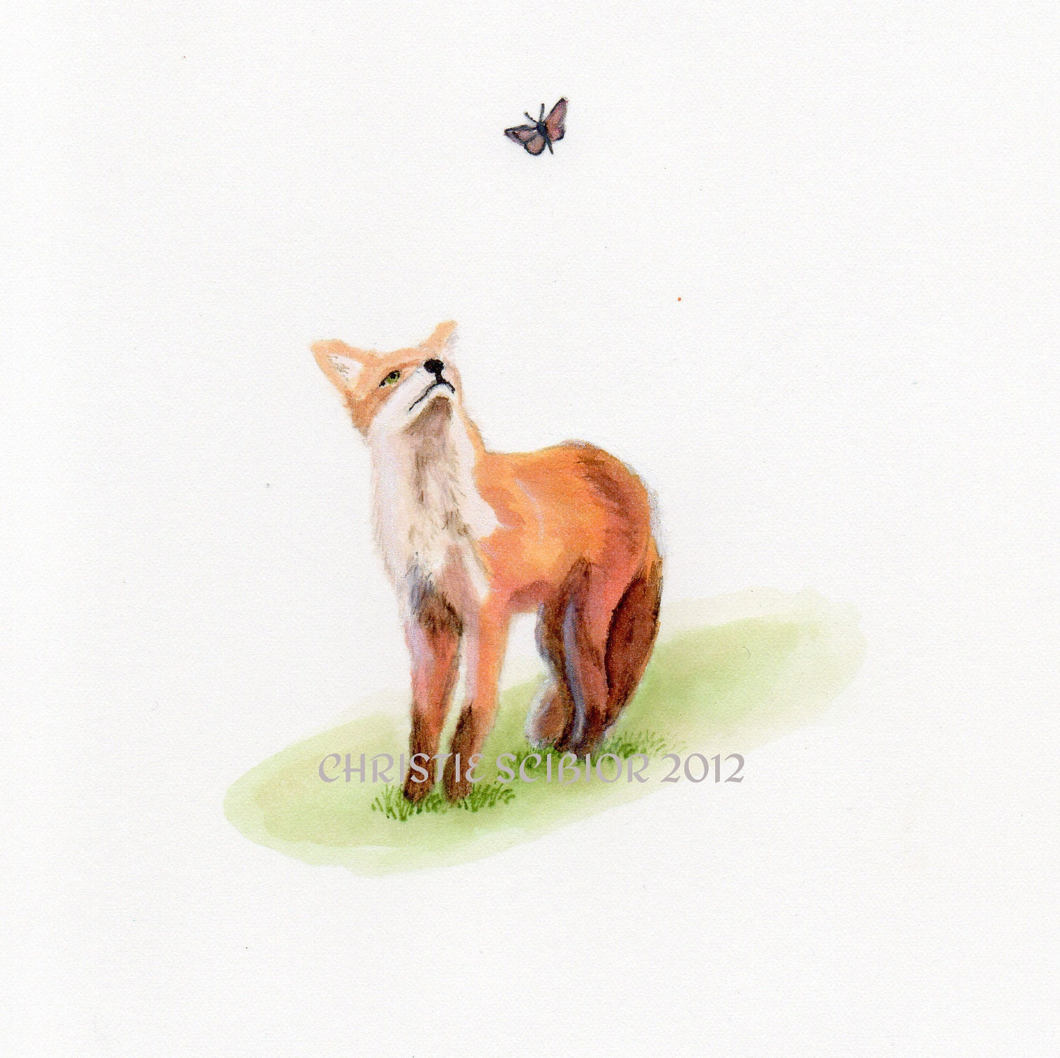 8x10 Archival Art PRINT of Watercolor painting Fox and Butterfly animal painting, nursery decor