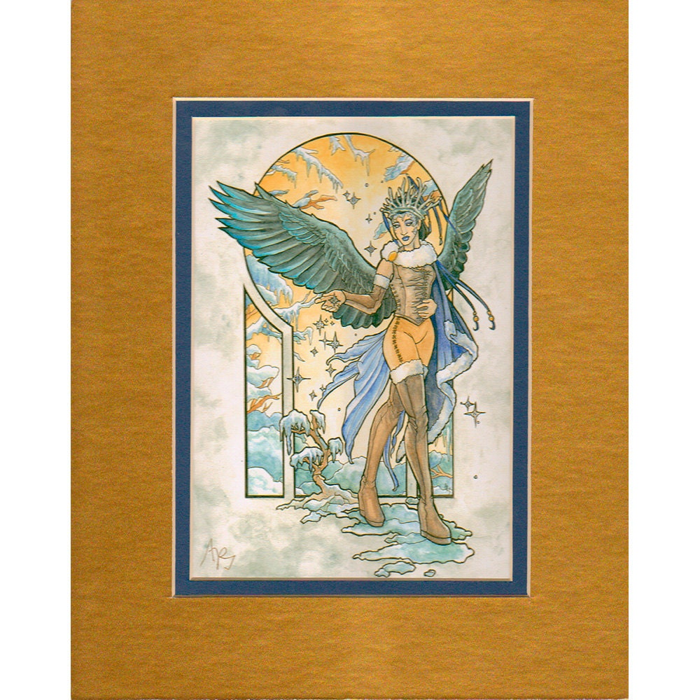 5x7 Matted Art Print - Art Nouveau Angel of Winter with Snowflakes