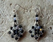 Crystal AB Swarovski Crystal and Black Pearl Square Motif Earrings on Silver Ear Wires