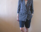 Navy Blue and White Striped Ellen Tracy Silk Blazer with Embroidered Crest Patch on Pocket