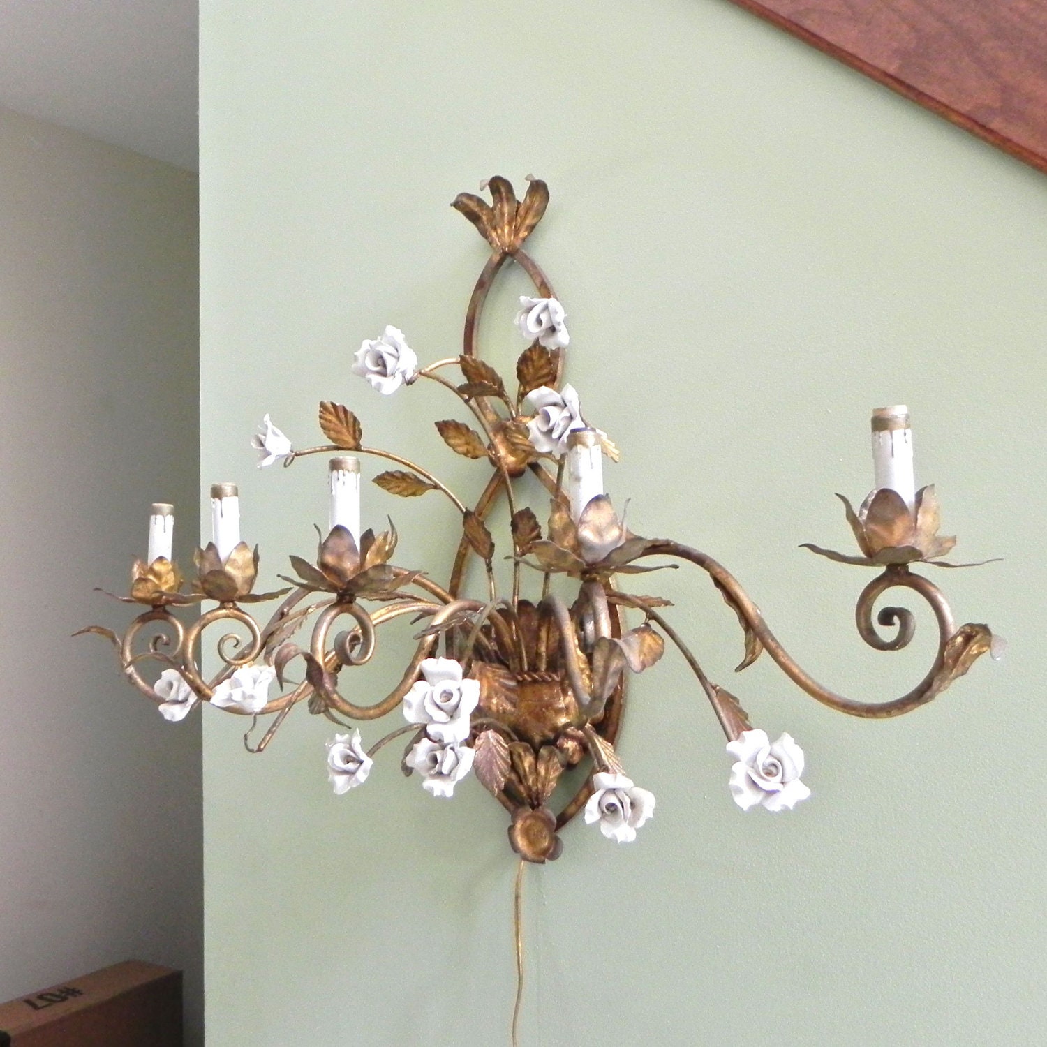 Vintage Italian sconce - large gilt gold and white enamel roses - dining room elegance Hollywood Regency electric bulb
