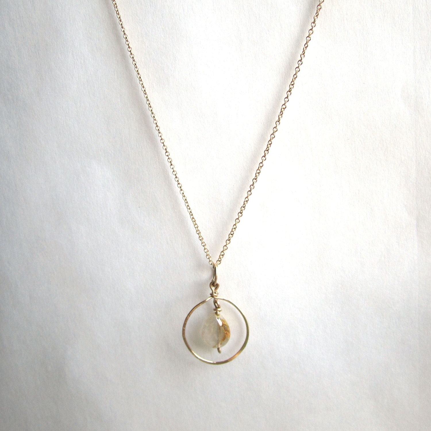 hammered circle rutilated quartz drop necklace