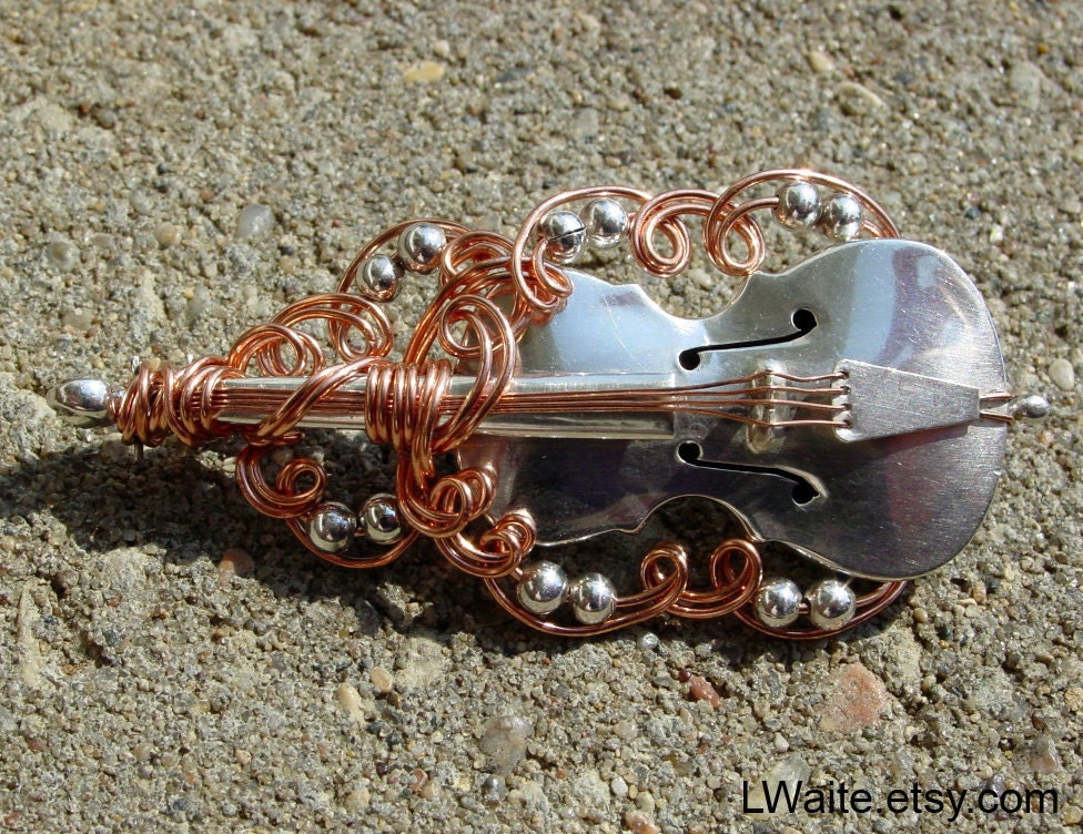 Antique Sterling Silver Violin Wrapped in Copper Pendant Pin