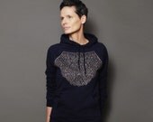 SALE - Womens Navy Blue Pullover Hoodie with Silver Lace Geometric Print - Midnight Blue Long Sleeved Sweatshirt