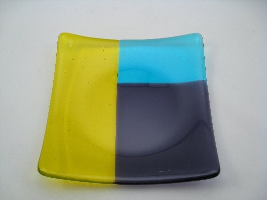 Square Fused Glass Sushi Plate Yellow  Purple Turqouise Geometric