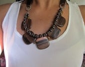 Brown satin ribbon necklace with smooth square wodden beads