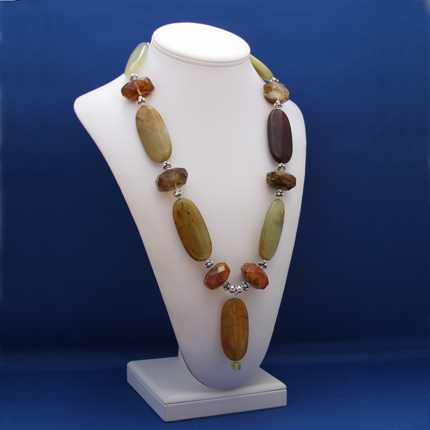 SoHo Jade, Fire Cherry Quartz, and Thai Hill Tribe Silver Pendant Necklace Bold Statement 12th Anniversary-SoHo Bold