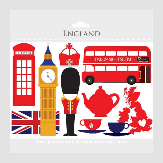 London clipart - England, UK, clip art, travel clipart, tea, bus, double decker, flag, crown, clock tower, telephone booth, teacups