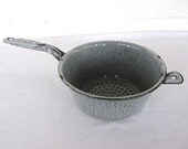 1930 Vintage Gray Agate Ware Long Handle Colander or Sieve with Wall Hanger Tab